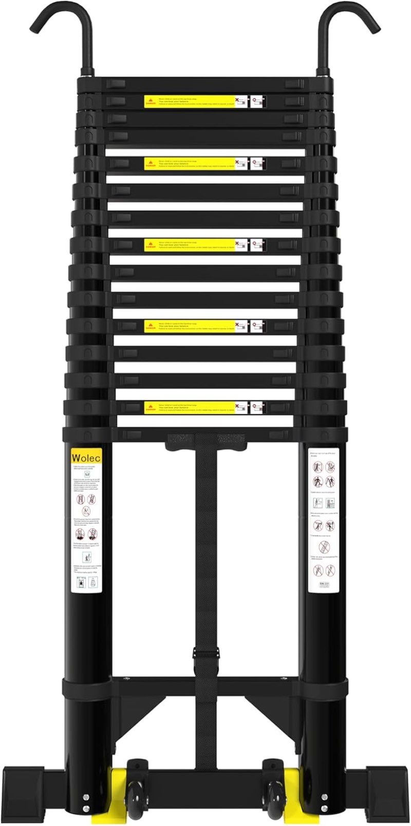 telescoping ladder, 19ft aluminum portable extension ladder w/hooks, stabilizers& wheels, heavy duty 330lbs max capacity, collapsible telescopic ladder for rv, roof, attic, outdoor -black