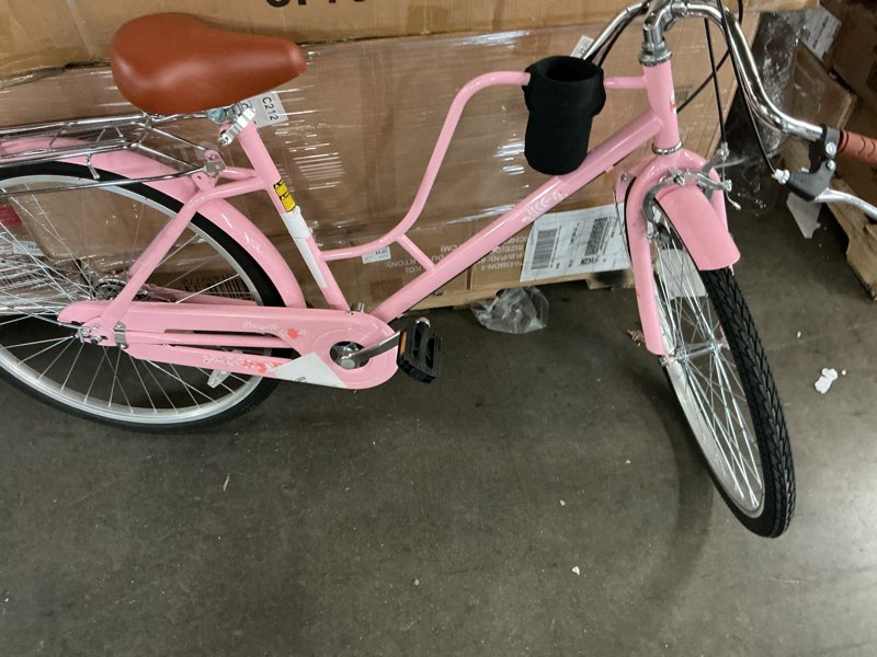 Condition photo showing As Is for (incomplete )gymax - 26-inch beach cruiser bike w/adjustable seat woven basket & rear rack for city - pink