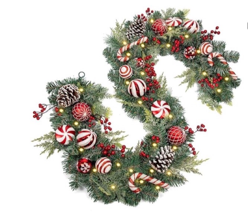 red and white christmas garland 6ft christmas garland ornaments with 15 balls, 3 pinecones, 3 candy canes, led lights, christmas decorations for fireplace mantel staircase front door porch holiday