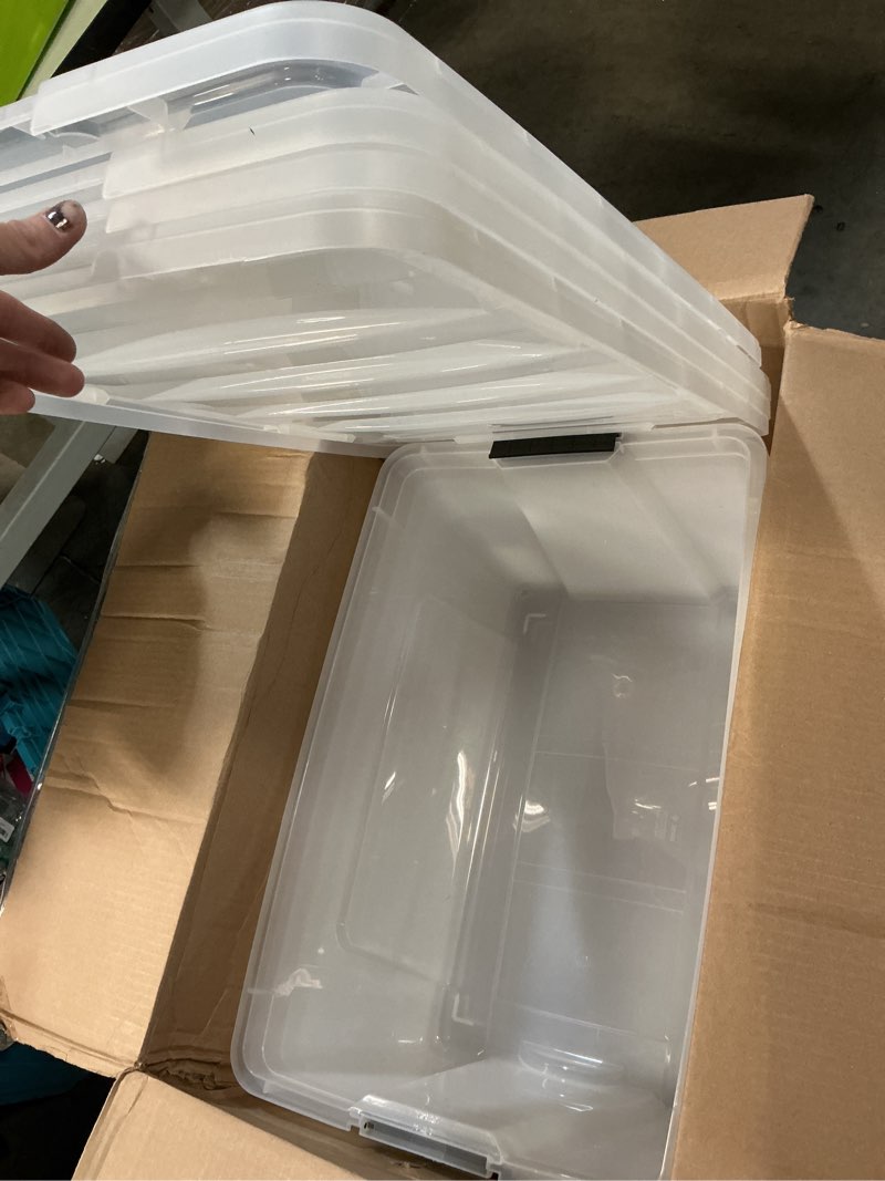 Condition photo showing New/Like New for iris usa 72 qt plastic storage box with lid and latches - 4 pack - bpa-free, see-through organizing solution, durable nestable stackable containers, secure pull handle - clear clear 72 qt 4 pack