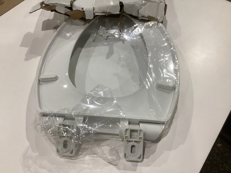 Condition photo showing As Is for Elongated Toilet Seat, 18.5” Soft/Slow Close Oval (Oblong) Toilet Seat for Elongated Toilets, No-Slam Quiet-Close Lid, Easy-to-Install & Clean, Durable Never-Loosen White Plastic Seat White Elongated(Oval)