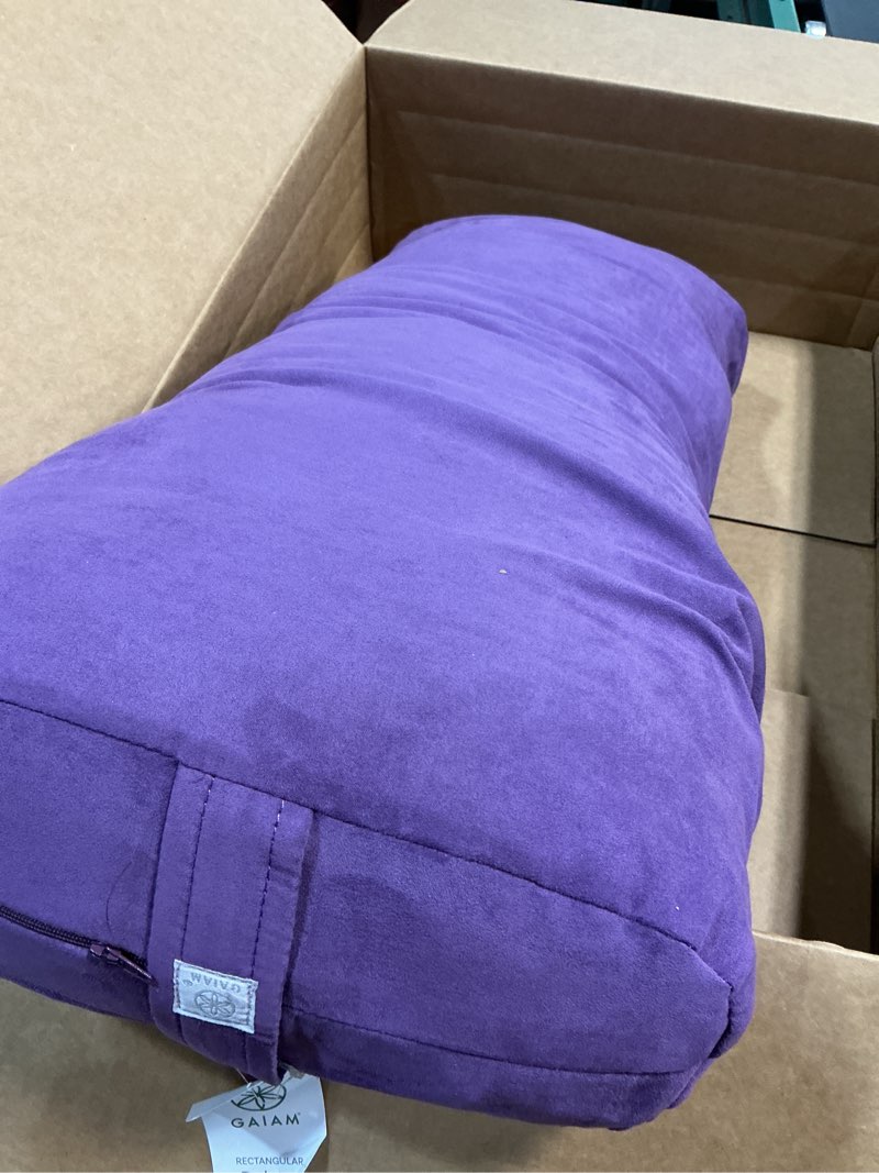 Condition photo showing Good Condition for Gaiam Round Yoga Bolster Pillow, Soft Meditation Cushion for Yoga, Massage and Back Support, Breathable Cotton Fill, Zippered Microfiber Cover, Easy-Carry Handle, Machine Washable Purple