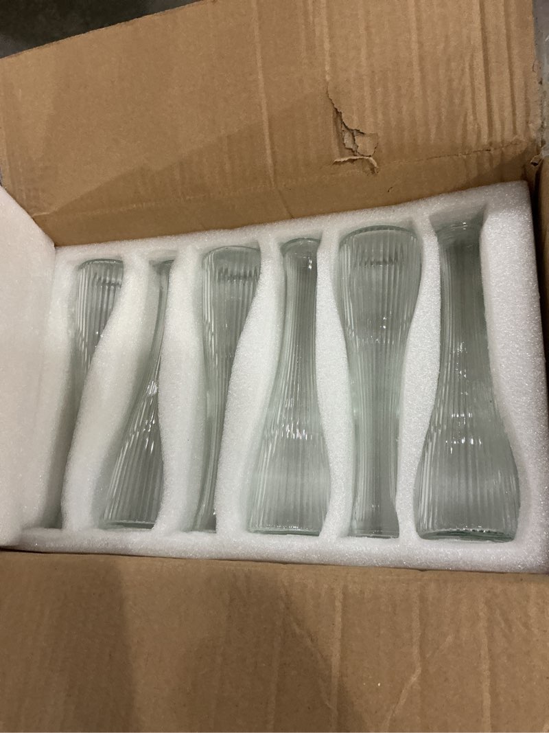 Condition photo showing Good Condition for glass bud vases bulk 12 pcs - clear ribbed wedding centerpiece vases, small flower vases for table decor, party events & home decor clear vertical striped vase