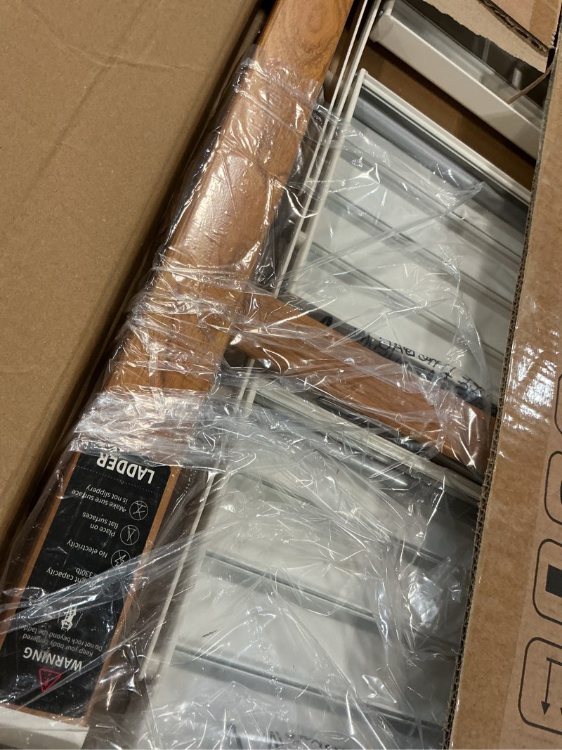 Condition photo showing Good Condition for 3 Step Lightweight Aluminum Folding Ladder, Portable Step Stool with Wide Anti-Slip Pedals, 330 lbs Capacity for Home,Cleaning Tasks?White&Woodgrain? White&woodgrain 3 Step