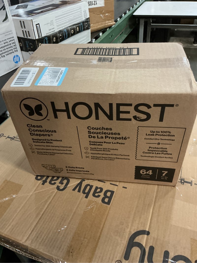 Condition photo showing New/Like New for the honest company comfort dry disposable diapers for sensitive skin, hypoallergenic, barnyard babies + pattern play, super club box, size 7, (41 lbs), 64 count size 7 (64 count) barnyard babies + pattern play