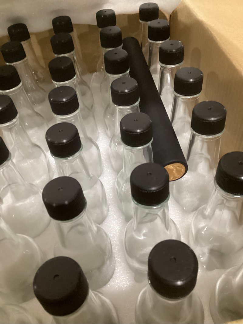 Condition photo showing New/Like New for Cedilis 35 Pack Glass Woozy Bottles, 5oz Clear Hot Sauce Bottles, Small Empty Liquor Wine Bottle with Shrink Capsule, Black Screw Caps, Dripper Insert, Labels and Funnels
