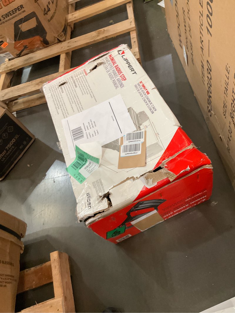 Condition photo showing As Is for lippert components 24" radius double manual step 9" rise for 5th wheel rvs, travel trailers and motorhomes, black