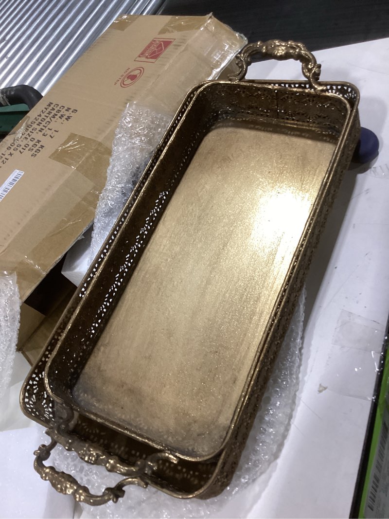 Condition photo showing As Is for Brass Serving Trays - Set of 2 Rectangular Dry Fruit Trays with Handles, 15.35 x 7 Inches, Elegant Home Decor for Dining and Festive Occasions