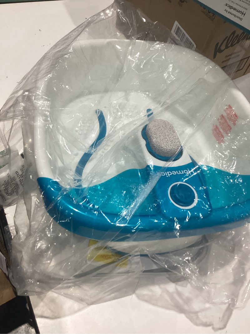 Condition photo showing As Is for homedics bubble mate foot spa, toe touch controlled foot bath with invigorating bubbles and splash proof, raised massage nodes and removable pumice stone