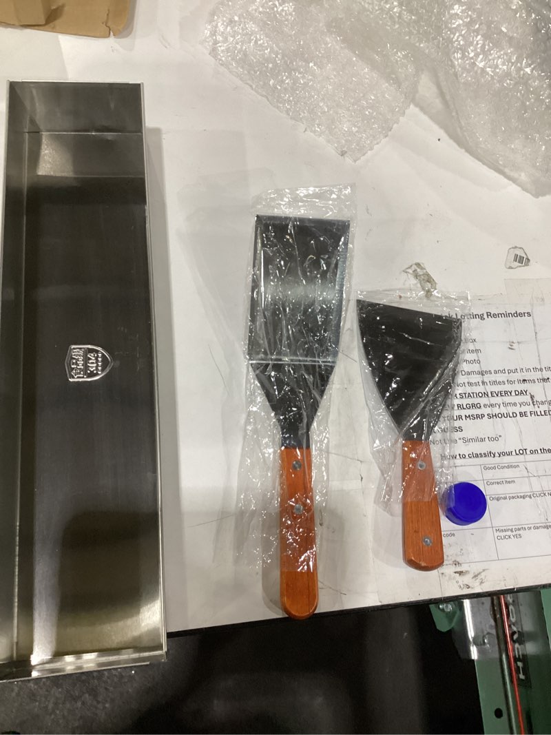 Condition photo showing As Is for extra long and small grill spatula and scraper, thicker steel | spatula for blackstone,metal griddle spatula,grill accessories set for flat top,full tang wooden handle,beveled edges