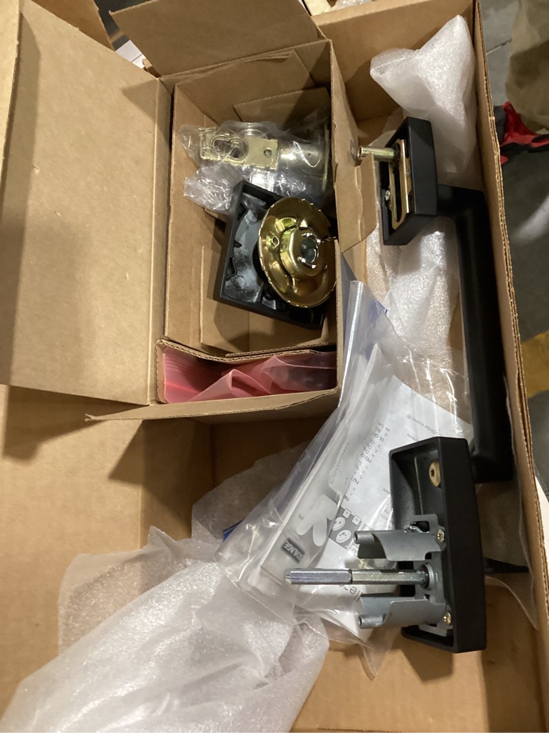 Condition photo showing As Is for schlage fe285 cen 622 brw col century front entry handle and broadway lever with collins trim lower half grip, interior, matte black matte black collins interior trim broadway lever