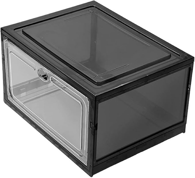 4 pack shoe storage boxes, clear plastic shoe storage boxes stackable large size with lids for men and women (37 x 28 x 22 cm, black)