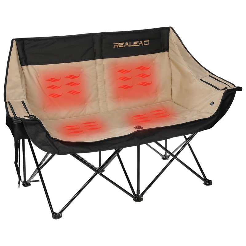 REALEAD Heated Double Camping Chair - Heated Folding Chairs for Outdoor Sports with 3 Heat Levels and 4 Heating Zones - Portable Heated Loveseat Camping Chair Supports 650 lbs Battery NOT Included