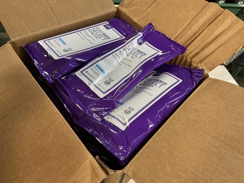 Condition photo showing New/Like New for medline readybath body wipes, shower and bath for adults, no rinse disposable washcloths, extra thick, hypoallergenic, alcohol-free, aloe-infused, unscented, 240 count (30 packs), 8x8 inch fragrance free 8 count (pack of 30)