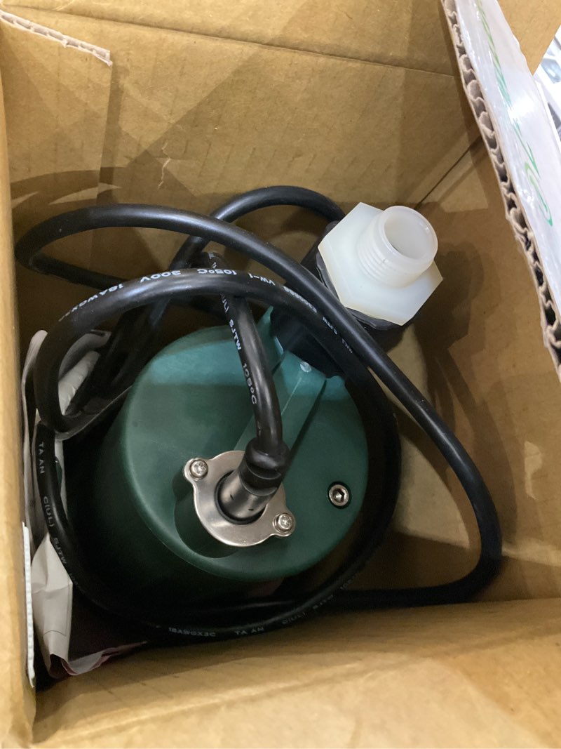 Condition photo showing As Is for zoeller 1/3 hp 2100 gph thermoplastic electronic switch bottom ac submersible utility pump