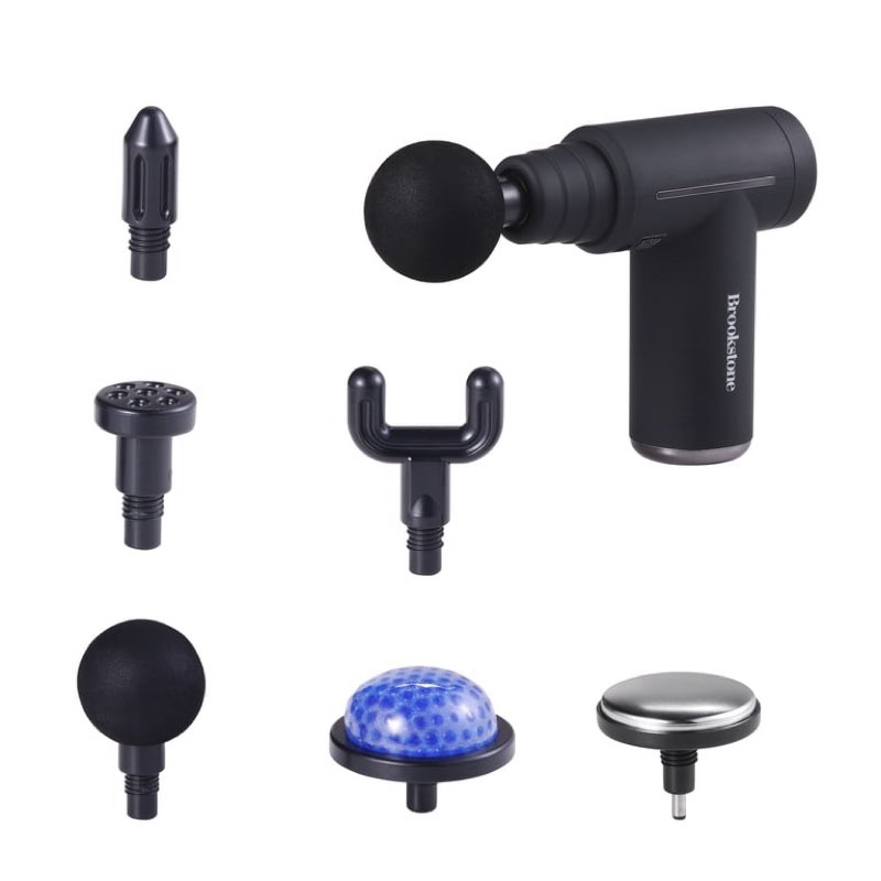 brookstone cordless hot and cold percussion deep tissue massage gun with 6 intensity levels for muscle relief