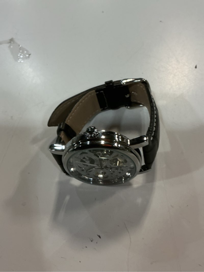 Condition photo showing As Is for classic skeleton wristwatch couple watch men and women set 38mm round case hand wind mechanical men's watch replacement extra genuine leather strap brown black vintage retro engraved