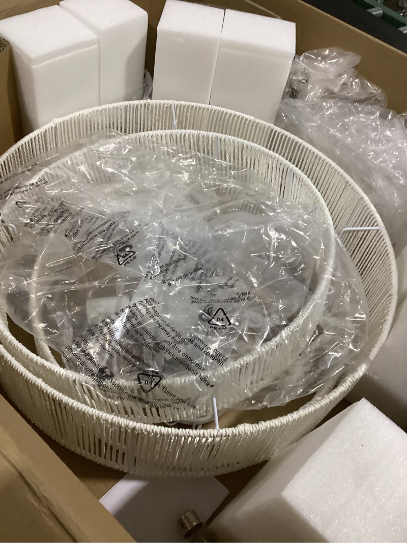 Condition photo showing Good Condition for 4-light large white rattan chandeliers, 22.8in boho coastal pendant lights, woven hemp rope hanging ceiling lights, 3-tier wicker lighting fixture for kitchen island, dining room, living room white 22.8in
