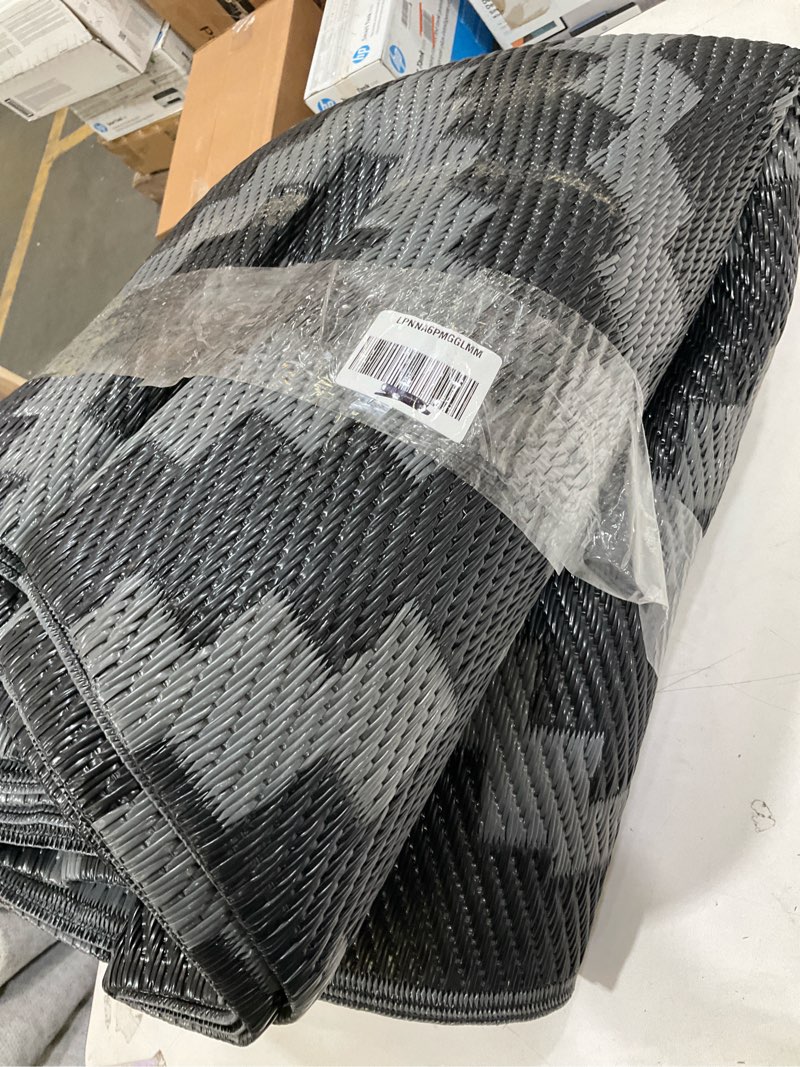 Condition photo showing As Is for genimo outdoor rug for patio clearance,9'x18' waterproof mat,reversible plastic camping rugs,rv,porch,deck,camper,balcony,backyard,black & gray black&gray 9' x 18' (rectangular)