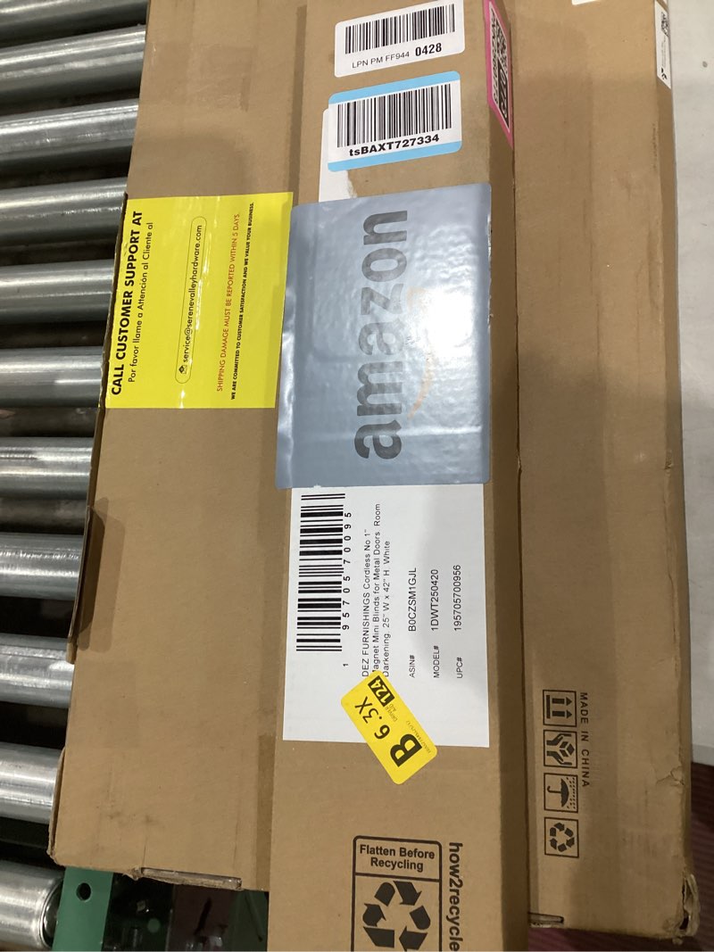 Condition photo showing New/Like New for DEZ FURNISHINGS Cordless No Tools 1" Magnet Mini Blinds for Metal Doors, Room Darkening, 25" W x 42" H, White 25"W x 42"H