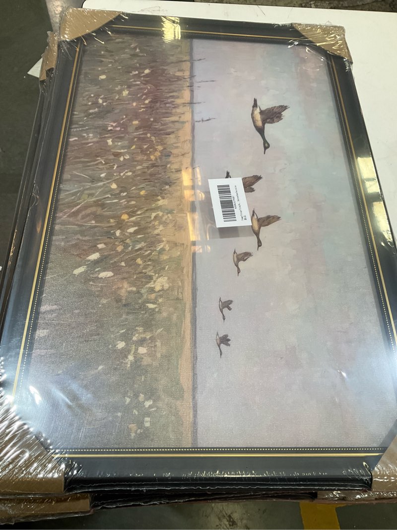 Condition photo showing New/Like New for framed vintage flying duck wall art rustic landscape field wildflower painting wall decor retro bird poster printing artwork for living room bedroom home decoration