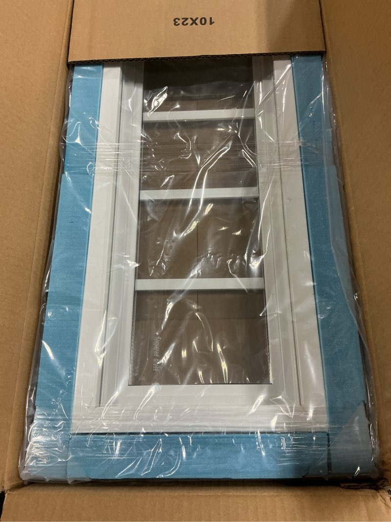 Condition photo showing New/Like New for vinyl transom household window, 10" x 23" double pane fixed window with grids and tempered glass for house, garage (white) 10x23 inch white