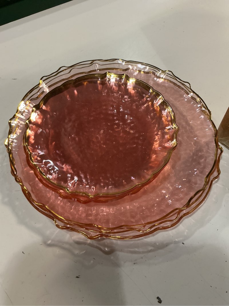 Condition photo showing As Is for bucla clear pink and gold plastic plates - fancy pink hammered with gold lace-edge disposable plates - include 20 each (10inch dinner & 7inch dessert) plates for party, birthday & wedding