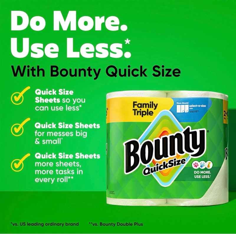 Bounty Paper Towels Quick Size, White, 2 Family Rolls
