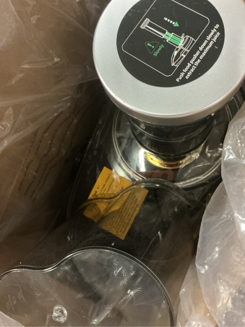Condition photo showing As Is for gdor 1200w juicer, 3.2" wide chute, titanium-enhanced blade, heavy-duty copper motor, dual speed centrifugal juice extractor, bpa-free, silver