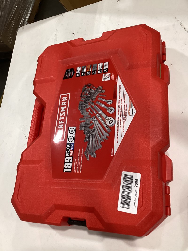 Condition photo showing Good Condition for craftsman mechanic tool set 189 pcs, 1/4, 3/8, 1/2 socket set with 72 tooth low profile ratchet, steel 6 and 12 point sockets, wrenches, hex keys, deep sockets, bits, metric and sae (cmmt12134) new 189 piece set