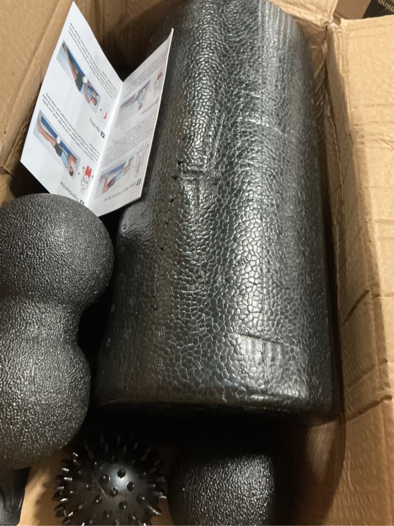 Condition photo showing Good Condition for foam roller set - high density back roller, muscle roller stick,2 foot fasciitis ball, stretching strap, massager ball for whole body physical therapy & exercise, yoga, back pain, leg, deep tissue 12-inch foam roller