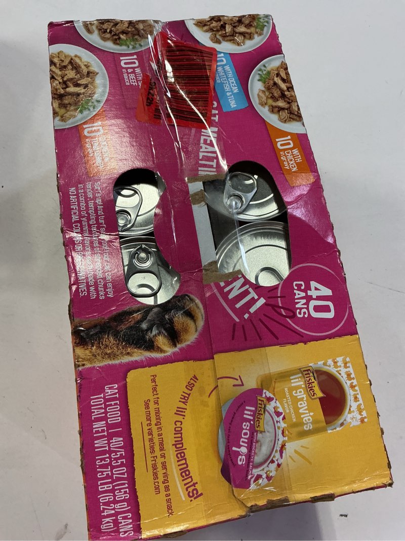 Condition photo showing New/Like New for (Best by Nov/2027) Purina Friskies Prime Filets Surfin' & Turfin' Favorites Chicken, Seafood, Tuna, Salmon, Fish and Beef Flavor Wet Cat Food - 5.5oz/40ct