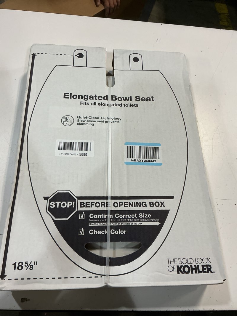 Condition photo showing New/Like New for kohler 20110-0 brevia, slow close toilet seat, elongated toilet seat, grip-tight bumpers quick-attach hardware, white white elongated quiet-close