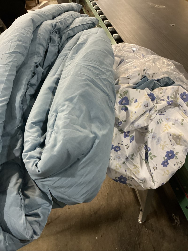 Condition photo showing As Is for (Incomplete)WONGS BEDDING Queen Comforter Set, 8 Pieces Farmhouse Bed in a Bag Queen, Bedding Set Queen Size with Blue Comforter, Ruffle Floral Pillowcases & Flat Sheet, Floral Fitted Sheet Sky Blue Queen(90\"x90\")