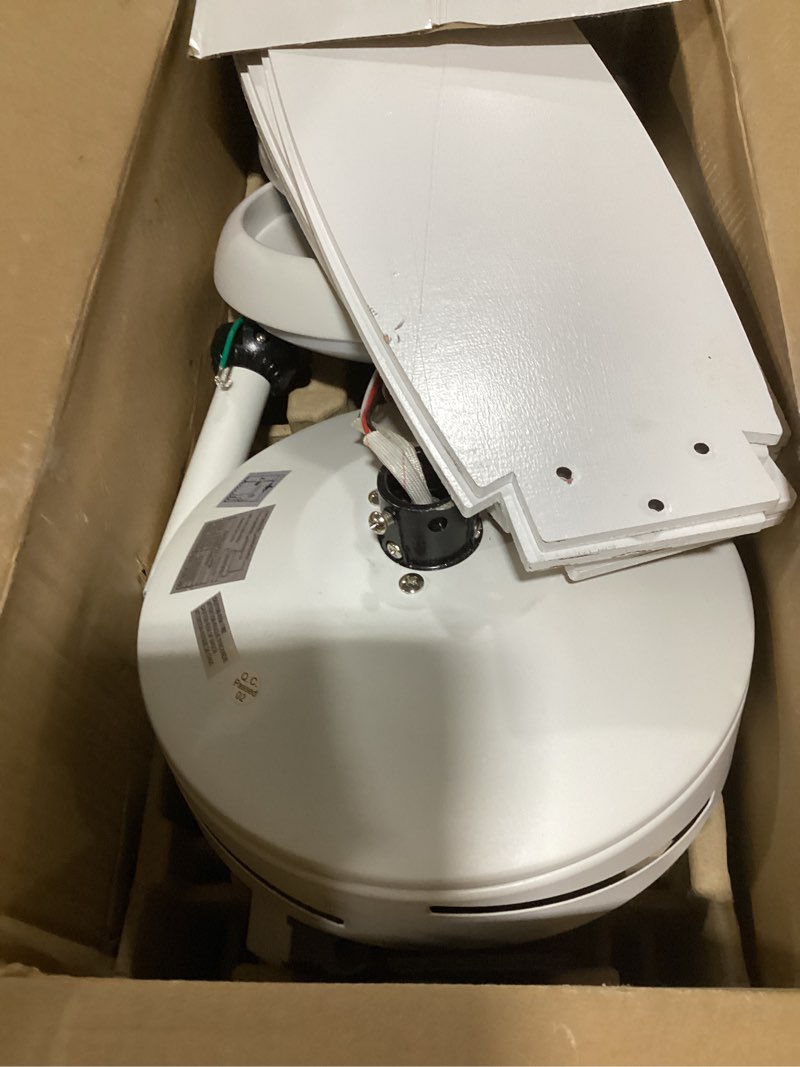 Condition photo showing As Is for Mena 44 in. LED Indoor/Outdoor Matte White Ceiling Fan with Light Kit and Reversible Blades Included