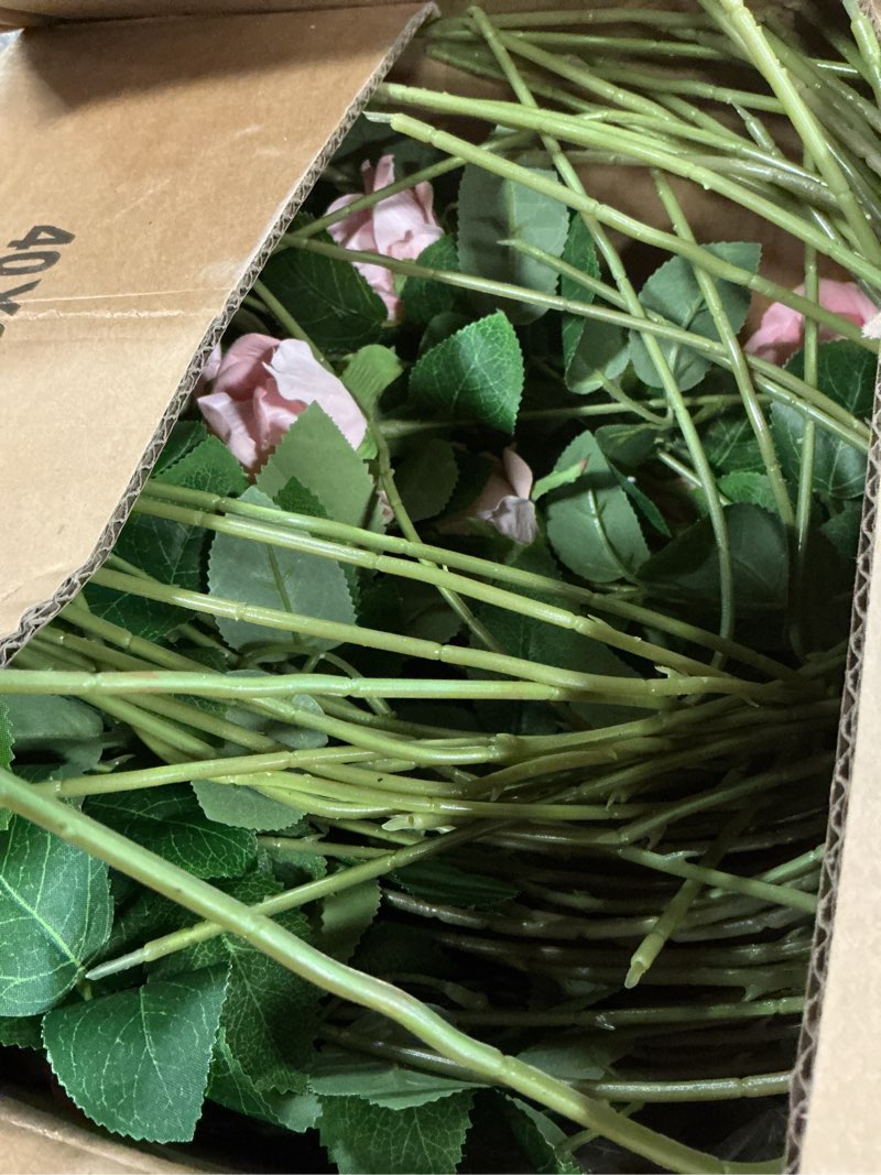 Condition photo showing Good Condition for 100 pcs pink roses artificial flowers, real touch velvet roses bouquet fake flowers bulk, artificial roses with long stems for birthday gift women mom diy bridal wedding centerpiece decorations pink 100pcs