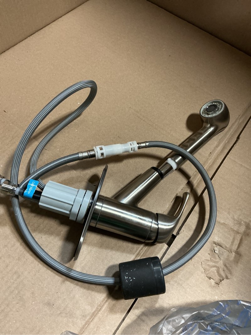 Condition photo showing As Is for project source chrome 1-handle deck-mount utility faucet with pulldown sprayer