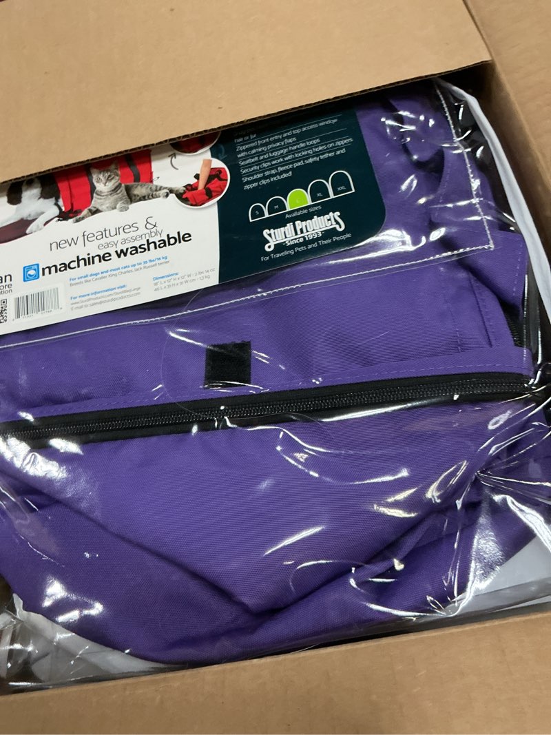 Condition photo showing As Is for sturdibag large pet travel carrier: flexible height for cat and dog soft sided with safety clips and seatbelt straps | purple, 18" x 12" x 12" (pn: sb2-pro-p) 18.0"l x 12.0"w x 12.0"h purple