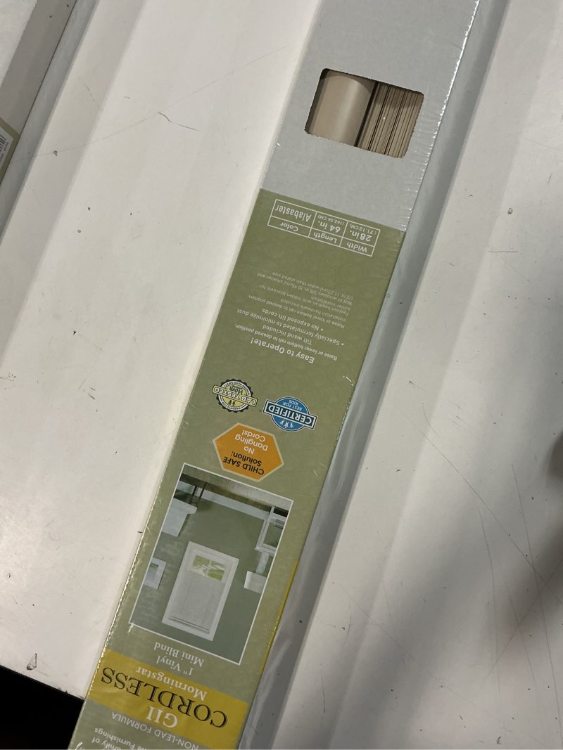 Condition photo showing New/Like New for achim gii morningstar indoor cordless alabaster vinyl light filtering window mini blind  64  l x 28  w
