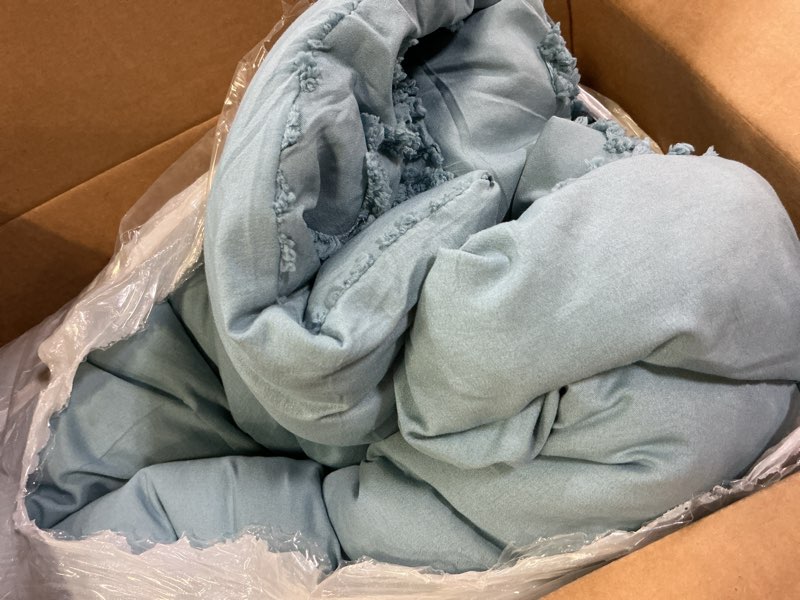 Condition photo showing As Is for Boho Queen Comforter Farmhouse Comforter Set Shabby Chic Fringe Tufted Tassel Design Linen Like Textured Beding Comforter 1 Bohemian Comforter 2 Pillowcases (Blue,(incomplete)