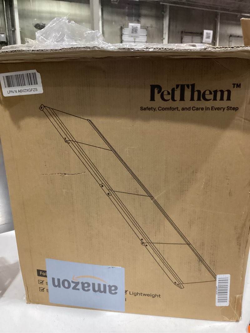 Condition photo showing As Is for dog ramp for cars, 71" l × 17.2" w, extra-long foldable | extra-long for a gentler climb, non-slip rug surface, 250-lb capacity, space-saving storage, stable support 71" l x 17.2" w with dog pattern upgraded