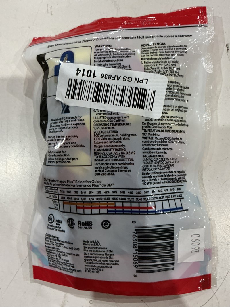 Condition photo showing As Is for 3m performance plus wire connectors o/b+, r/y+, b/g+ assortment pack, twist-on, bag of 30, universal