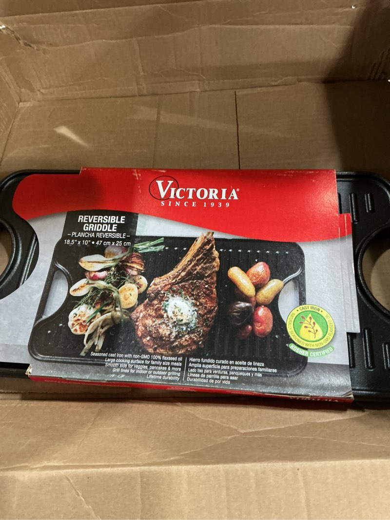Condition photo showing New/Like New for Victoria Rectangular Cast Iron Griddle. Double Burner Griddle, Reversible Griddle Grill, 18.5 x 10 Inch, Seasoned with 100% Kosher Certified Non-GMO Flaxseed Oil 18.5" x 10" Black