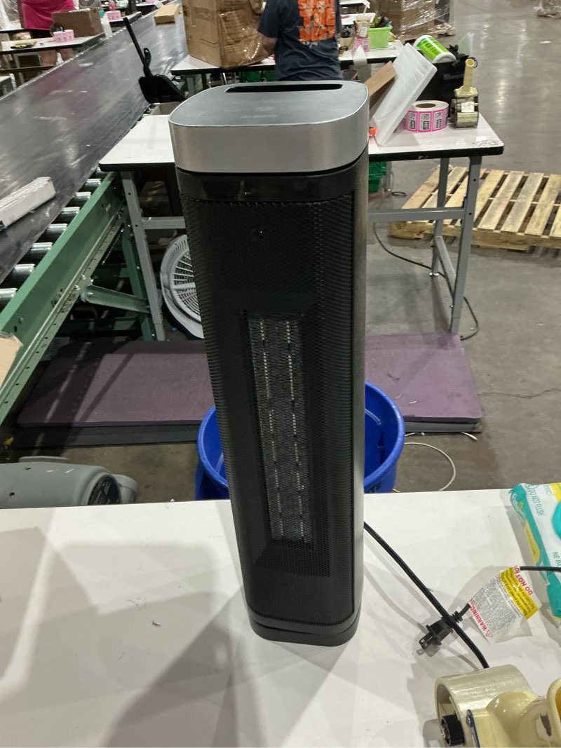 Condition photo showing As Is for space heater, winhl 17 inches electric heaters for indoor use with thermostat and remote, 70°oscillation, 12h timer, 5 modes, 1500w ptc ceramic fast safety heat for office bedroom home