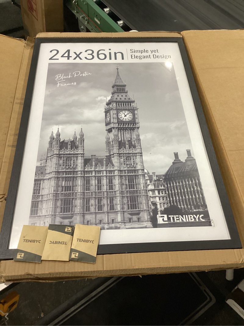 Condition photo showing New/Like New for 24x36 poster frame 3 pack - black woodgrain, solid wood picture frame, wall gallery frame - wall hanging 3 pack black 24 x 36