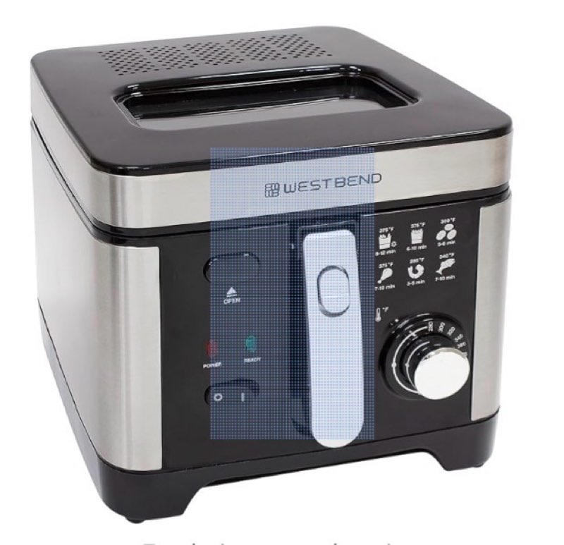 west bend deep fryer with adjustable temperature control, non-stick basket, easy viewing window and temperature guide, folding handle and locking lid for easy storage, 3