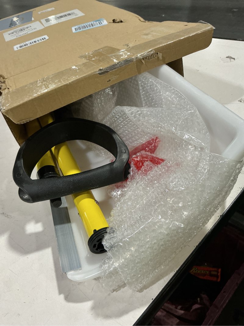 Condition photo showing Good Condition for Snow Pusher: Snow Plow Shovel with Ergonomic Dual D-Handles & 22'' UHMW Blade - Lightweight Manual Snow Shovel for Car, Driveway, Sidewalk & Patio (Bright Yellow) Bright Yellow 58 IN