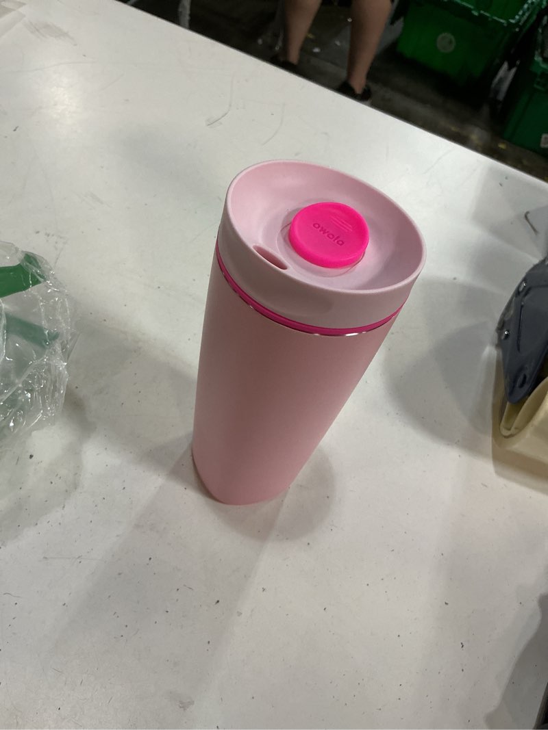 Condition photo showing As Is for owala smoothsip slider insulated stainless steel coffee tumbler, reusable iced coffee cup, hot coffee travel mug, bpa free 20 oz, pink (pucker up) pucker up 20 ounces no handle