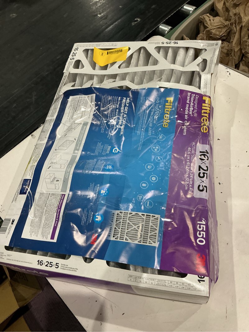 Condition photo showing As Is for filtrete 16-in w x 25-in l x 5-in merv 12 1550 mpr allergen, bacteria and virus electrostatic pleated air filter