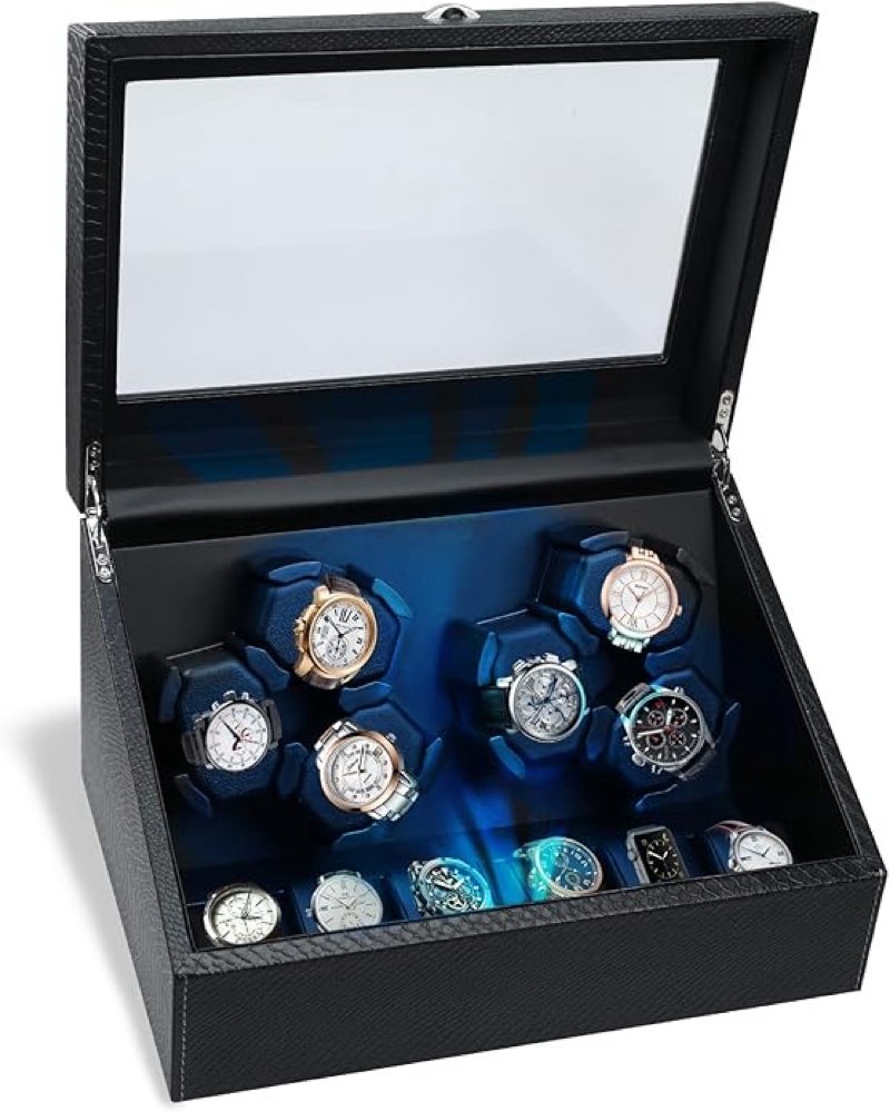 Watch Winder for Automatic Watches, Automatic Watches with Watches Storages, Automatic Watch Winder with Blue Backlight and Foam Pad, 4 Rotation Modes Rotating Watch Box
